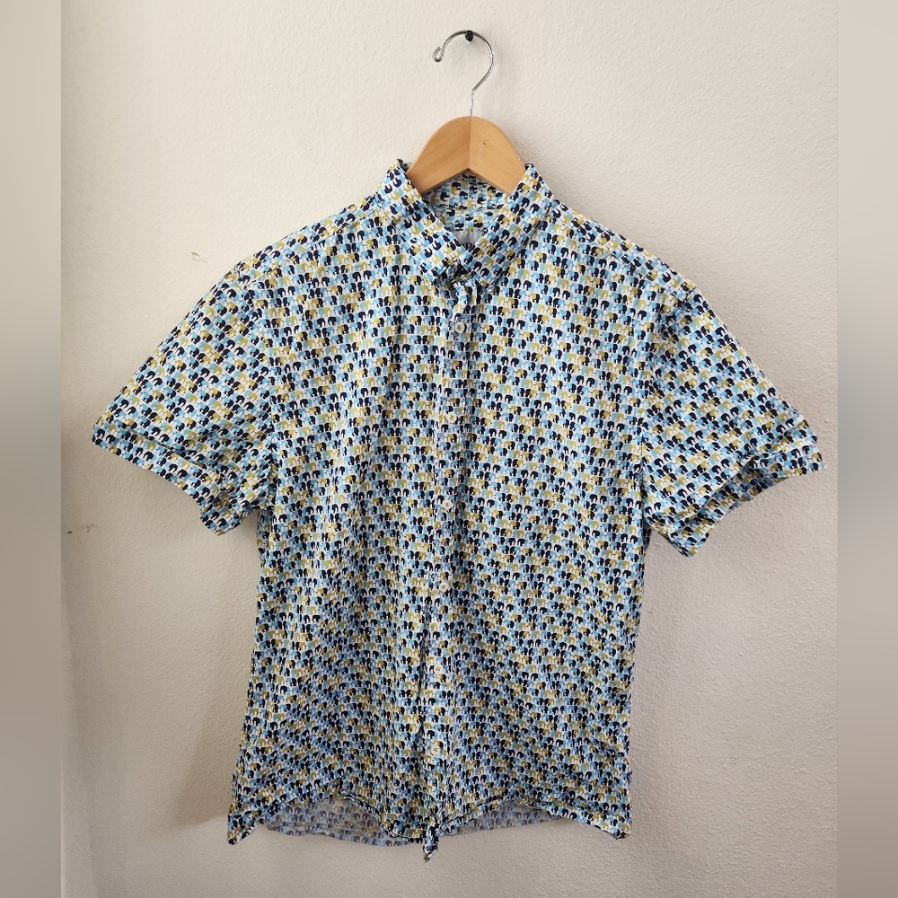 Zara Men's Slim Fit Button-down Short Sleeve Top Elephant Print Blue Green Large